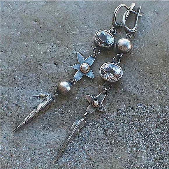 Antique Silver Flower Star Zircon Geometric Dangle Handmade Unique Earrings - Picture 5 of 5